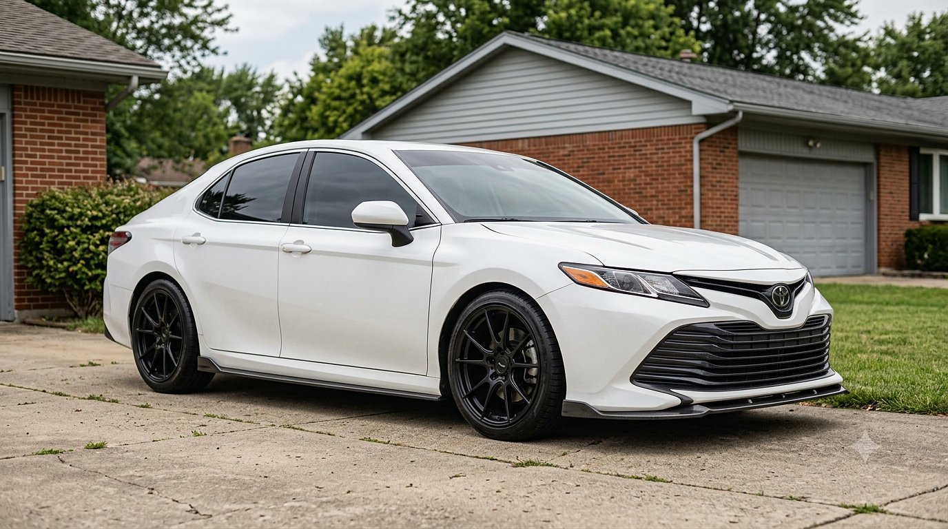 Camry after — lowered stance, black forged wheels, front lip