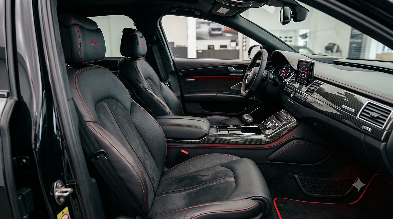 Custom cabin retrim — Leather & Alcantara, red stitch