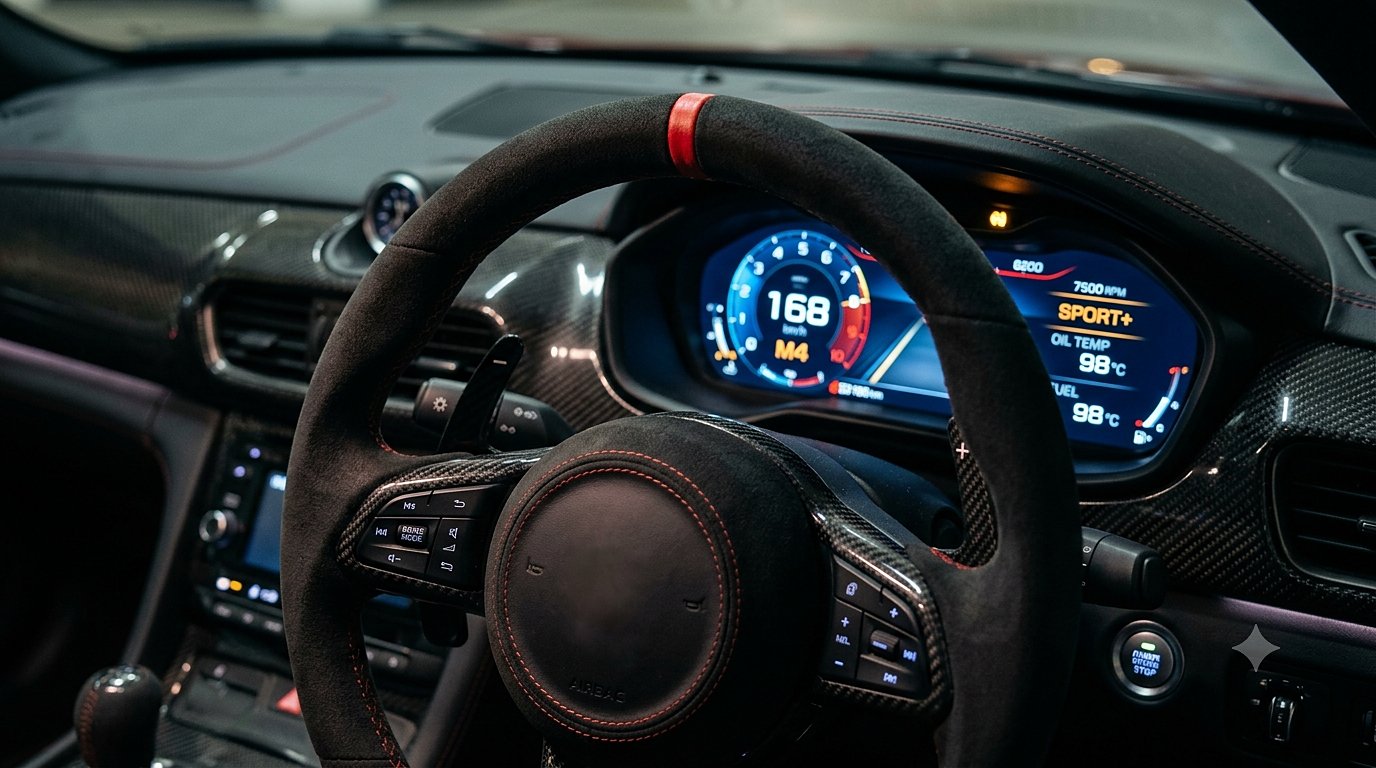 Alcantara wheel & cluster — Red centre stripe, digital dash