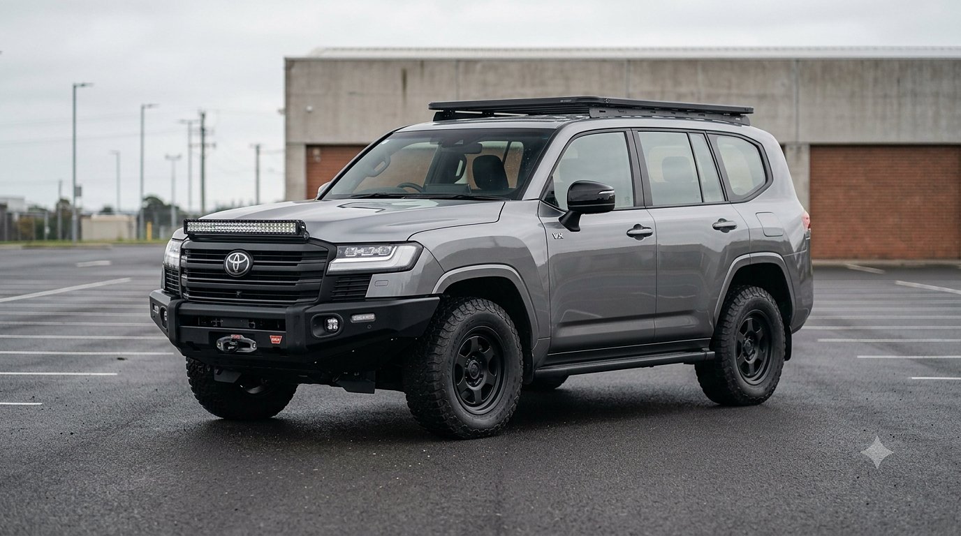 LC300 off-road bumper — Light bar & all-terrain tyres