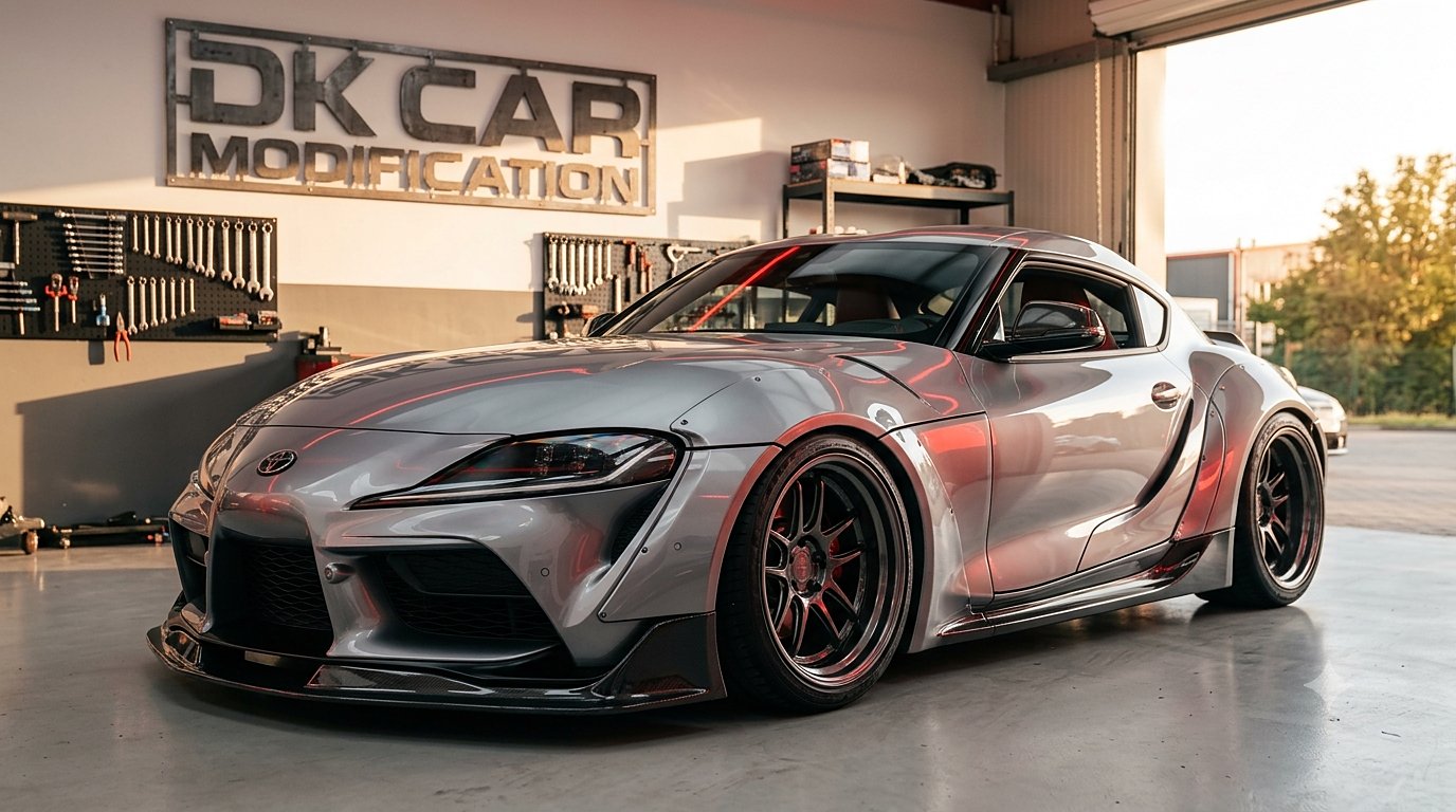 Widebody Supra — Front 3/4 — Mukono workshop bay