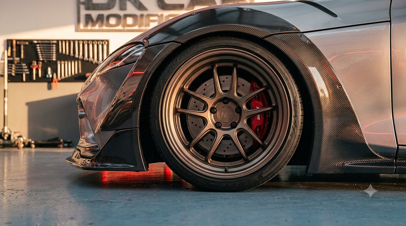 Forged wheel fitment — Carbon fender, deep-dish bronze